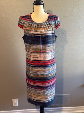 R&K Striped Cap-Sleeve Sheath Dress in Navy, Red, and Cream size large